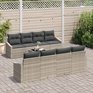 Set divano da giardino 9 pezzi con cuscini grigio chiaro in rattan polimerico
