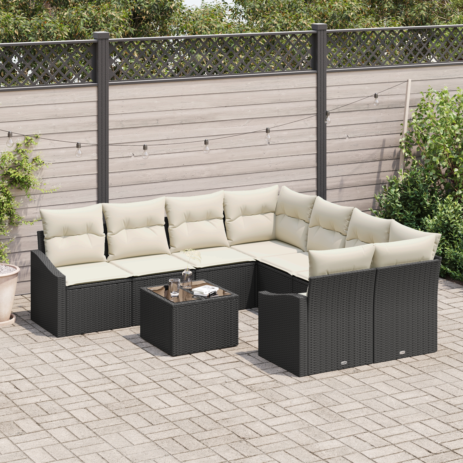 Set Divano da Giardino in 9 Pezzi con Cuscini Nero Rattan