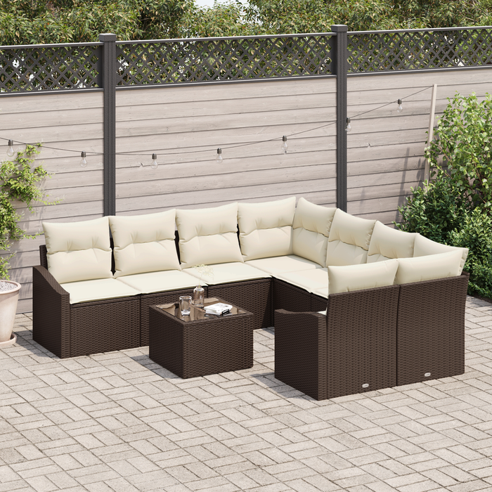 Set Divano da Giardino 9 Pezzi con Cuscini Marrone Polirattan
