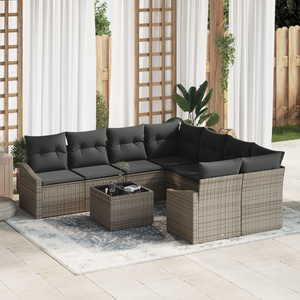 Set Divani Giardino con Cuscini Grigi 9 Pezzi in Polyrattan