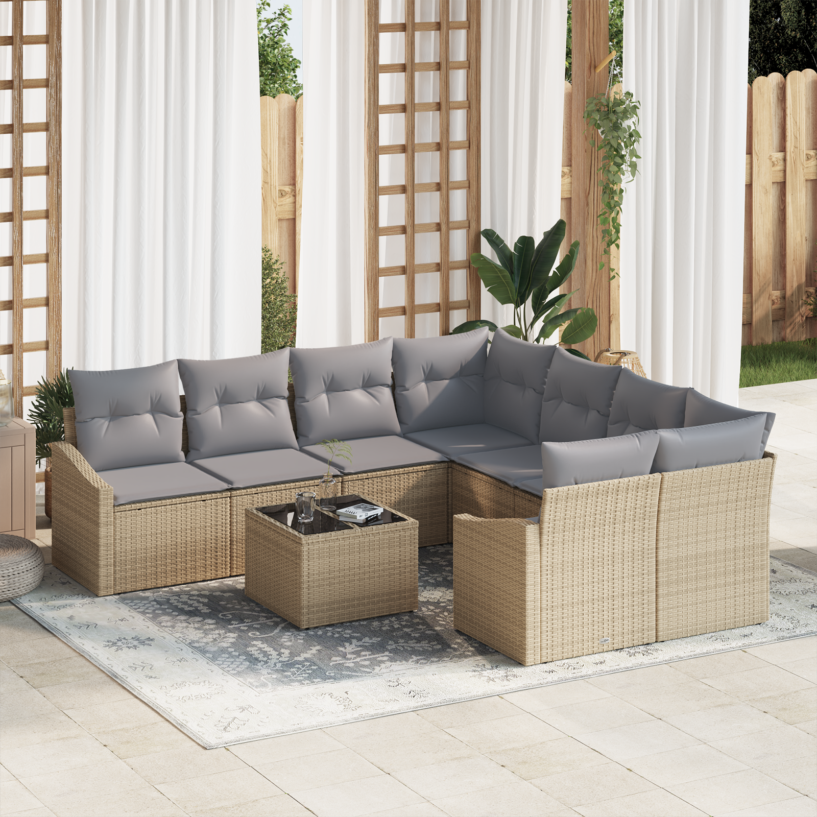 Set divani giardino 9 Pezzi con cuscini Beige Rattan Polietilenico