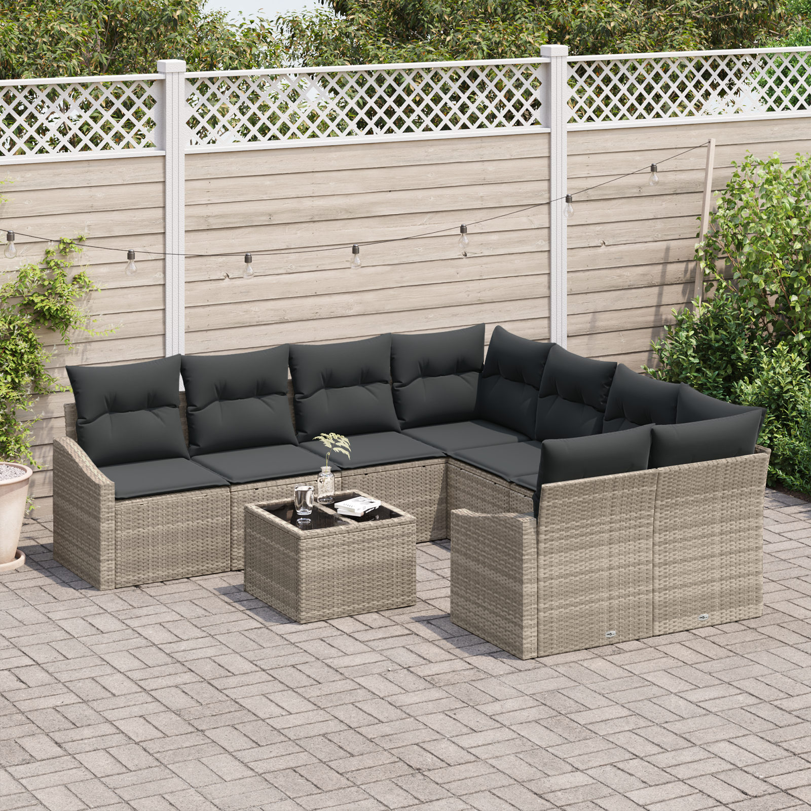 Set Divano Giardino 9 Pezzi con Cuscini Grigio Chiaro Polyrattan