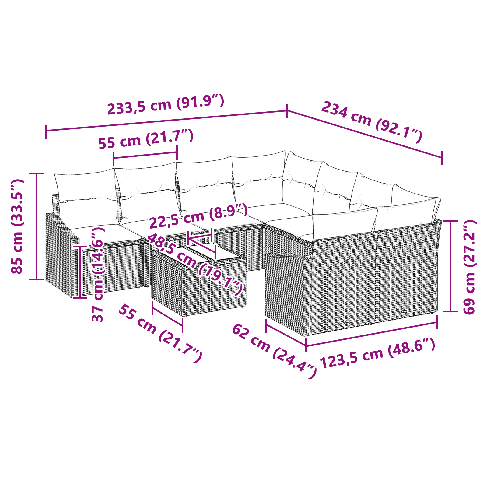 Set Divano Giardino 9 Pezzi con Cuscini Grigio Chiaro Polyrattan