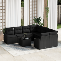 Set di divani da giardino 9 pezzi con cuscini in polyrattan nero