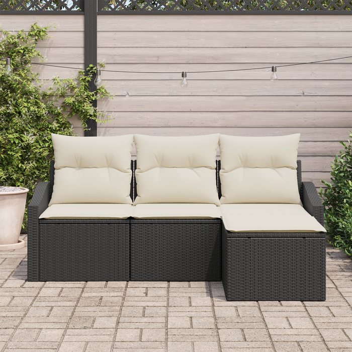 Set di divani da giardino a 4 pezzi con cuscini in rattan poliestere nero