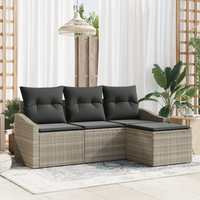 Set di divani da giardino 4 pezzi con cuscini Grigio chiaro Rattan Polietilene