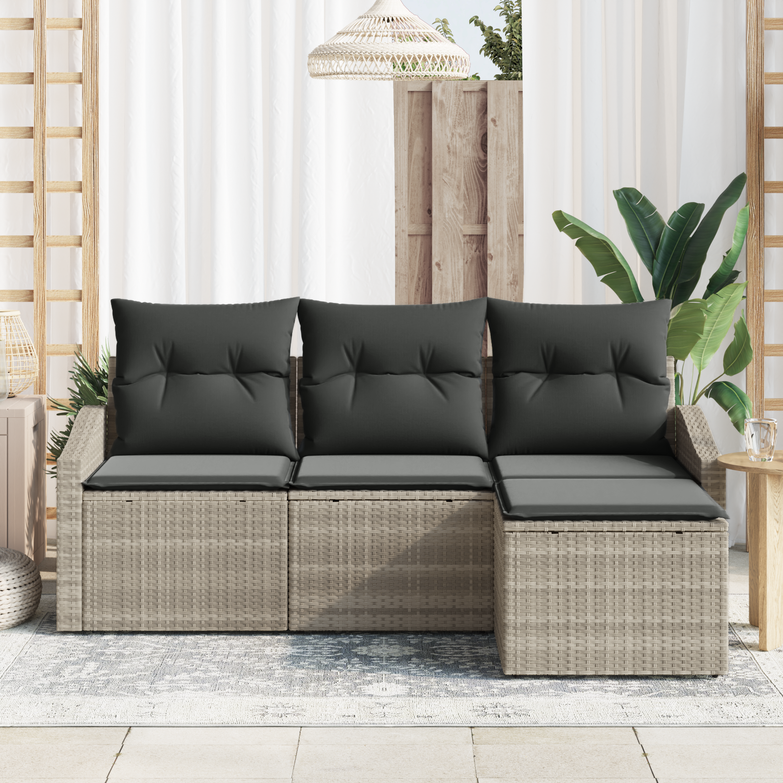Set di divani da giardino 4 pezzi con cuscini Grigio chiaro Rattan Polietilene