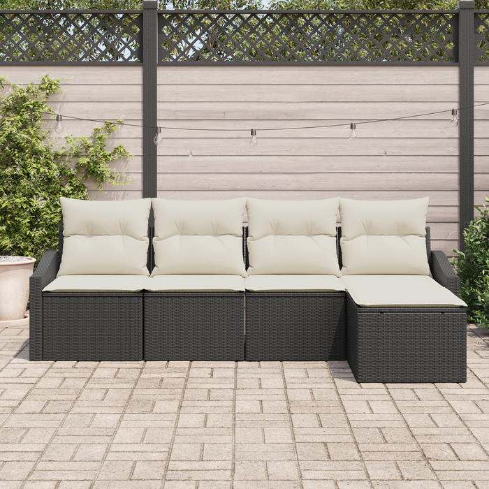 Set Divano da Giardino con Cuscini Nero in Polirattan