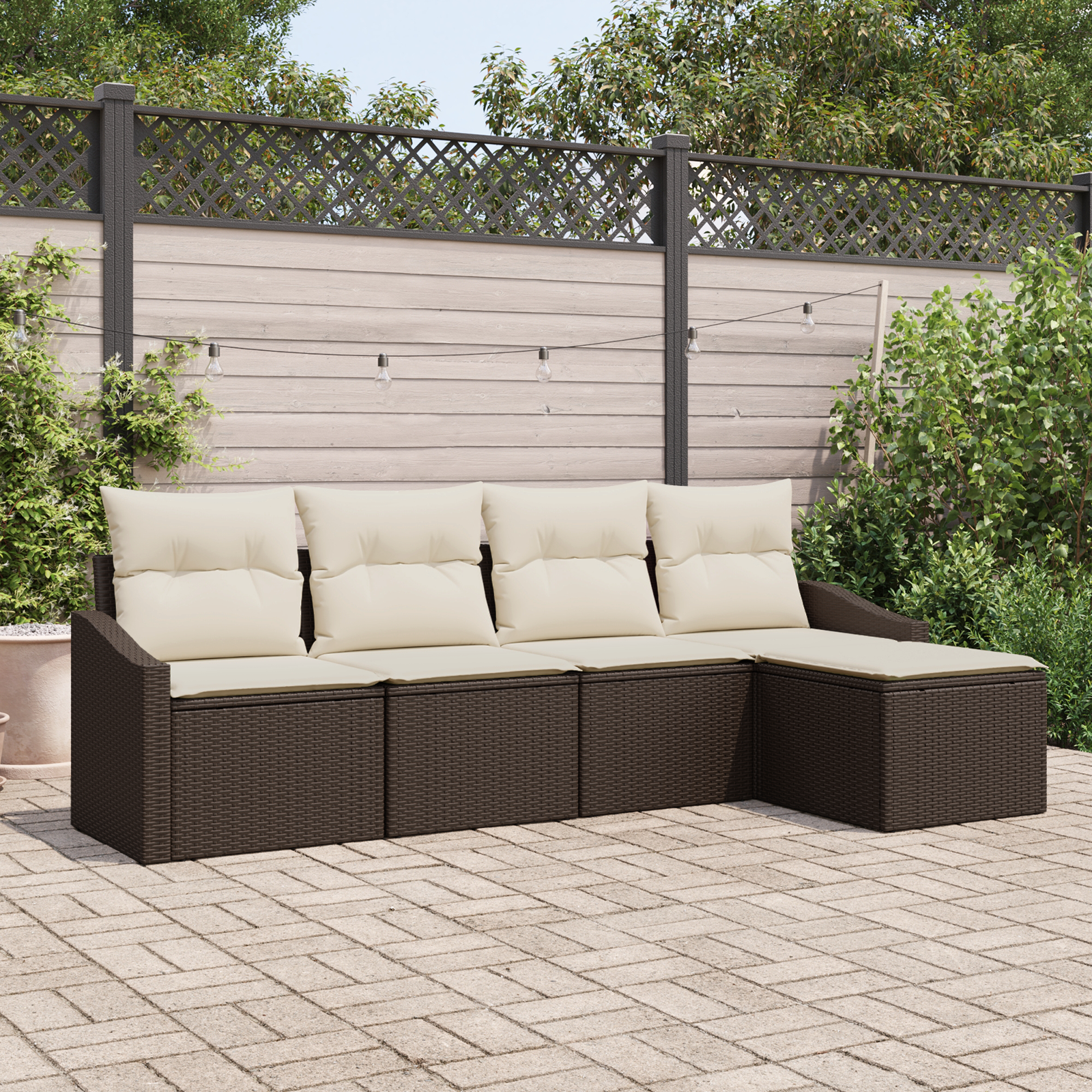 Set di Divano da Giardino da 5 Pezzi con Cuscini in Rattan Marrone
