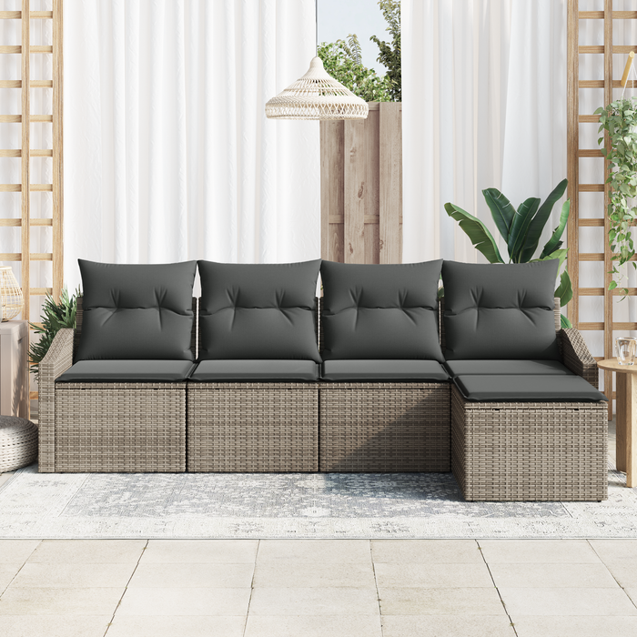 Set Divano da Giardino 5 Pezzi con Cuscini Grigio Polyrattan