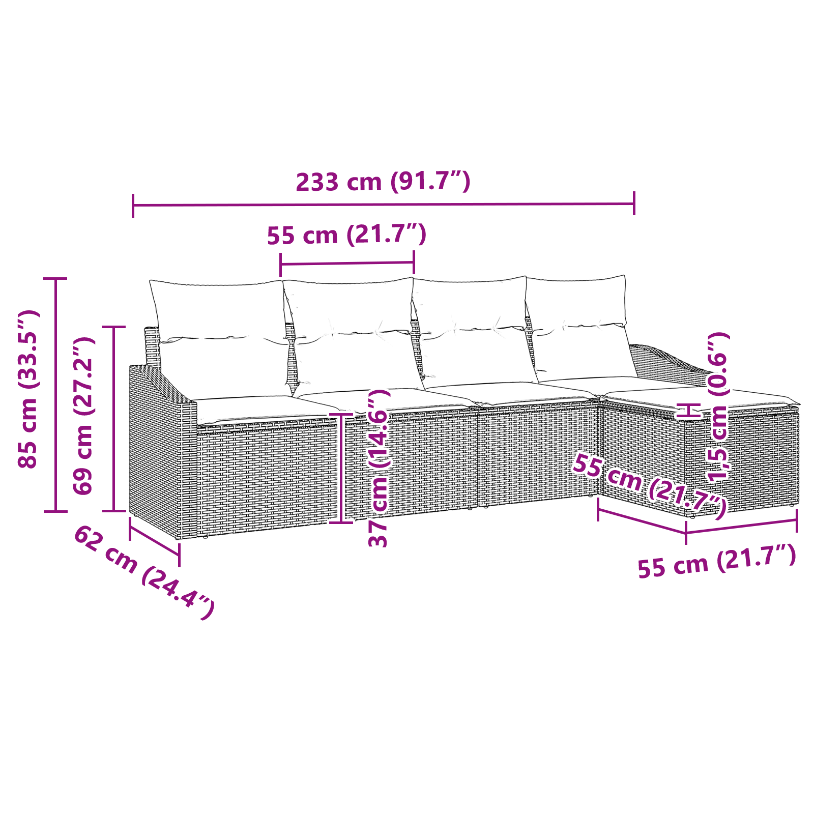 Set Divano da Giardino 5 Pezzi con Cuscini Grigio Polyrattan