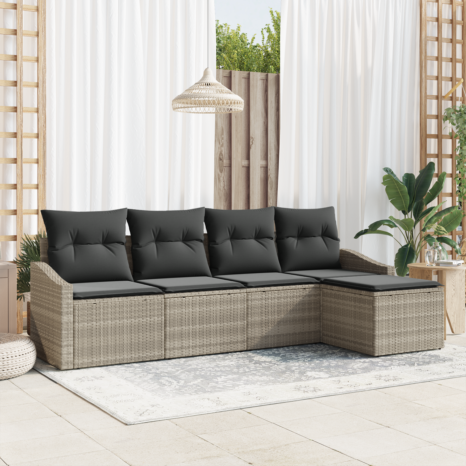 Set Divano da Giardino a 5 Pezzi con Cuscini Grigio Chiaro in Rattan Polimerico