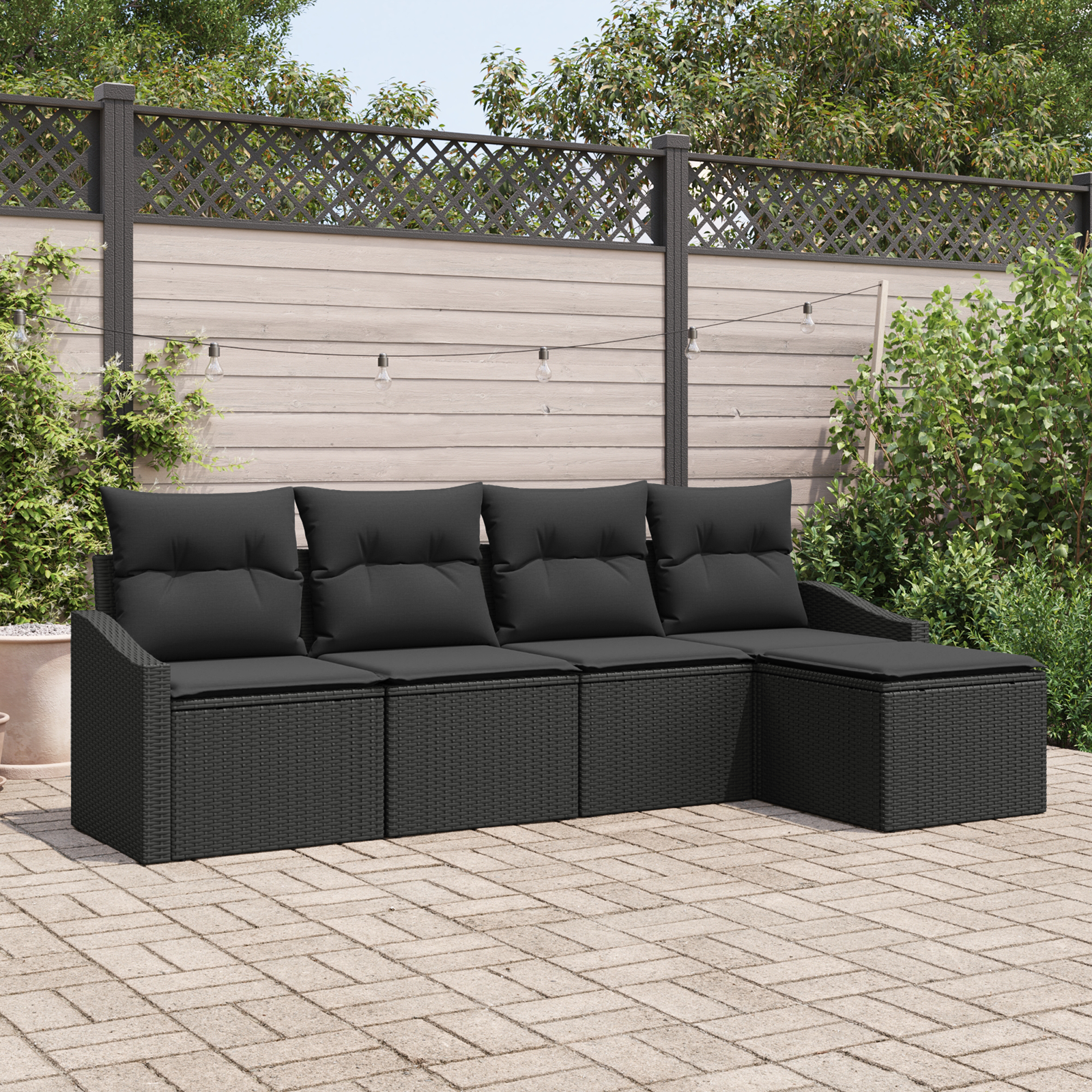 Set di Divani da Giardino 5 Pezzi con Cuscini Rattan Nero