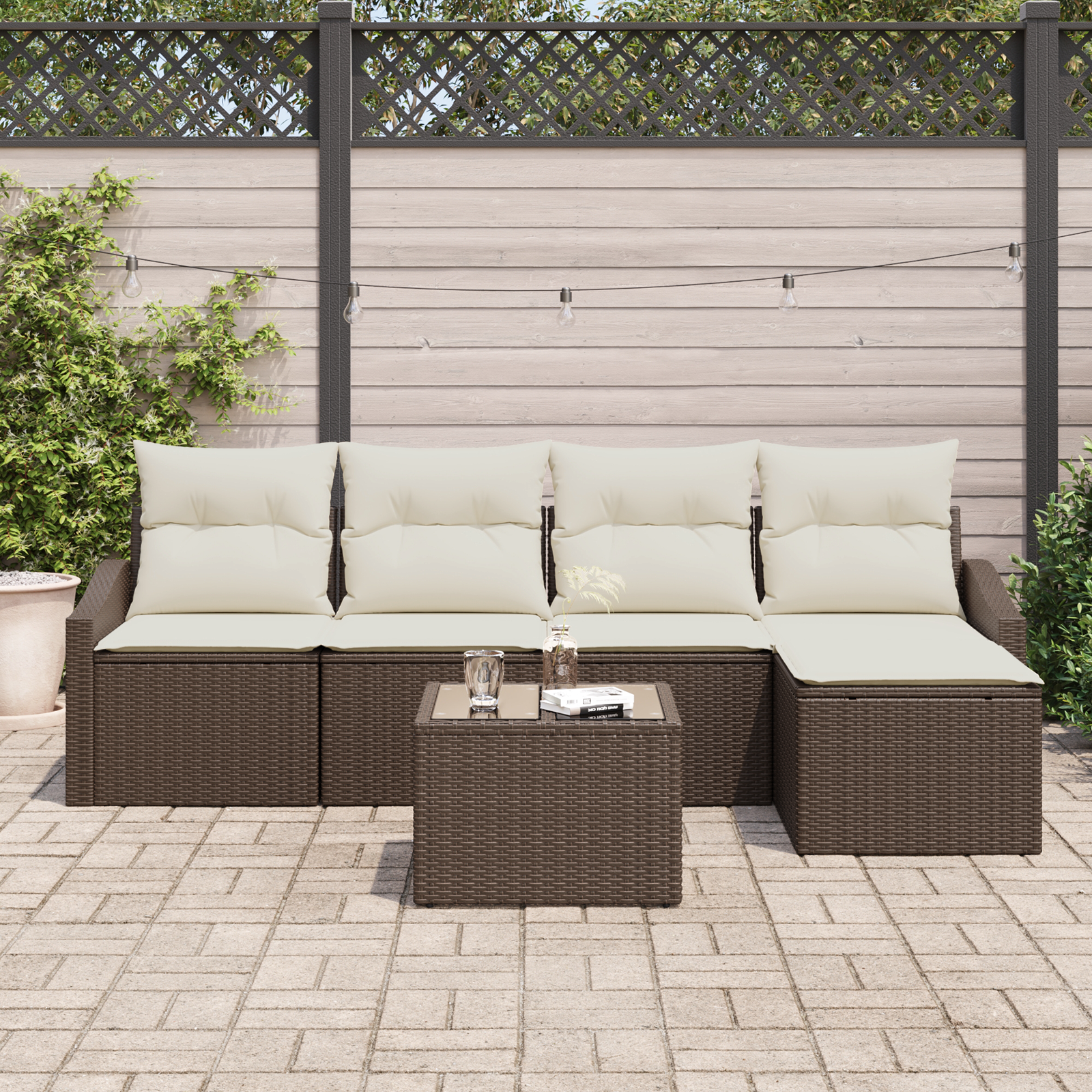 Set Divano da Giardino 5 Pezzi con Cuscini Grigio Polirattan