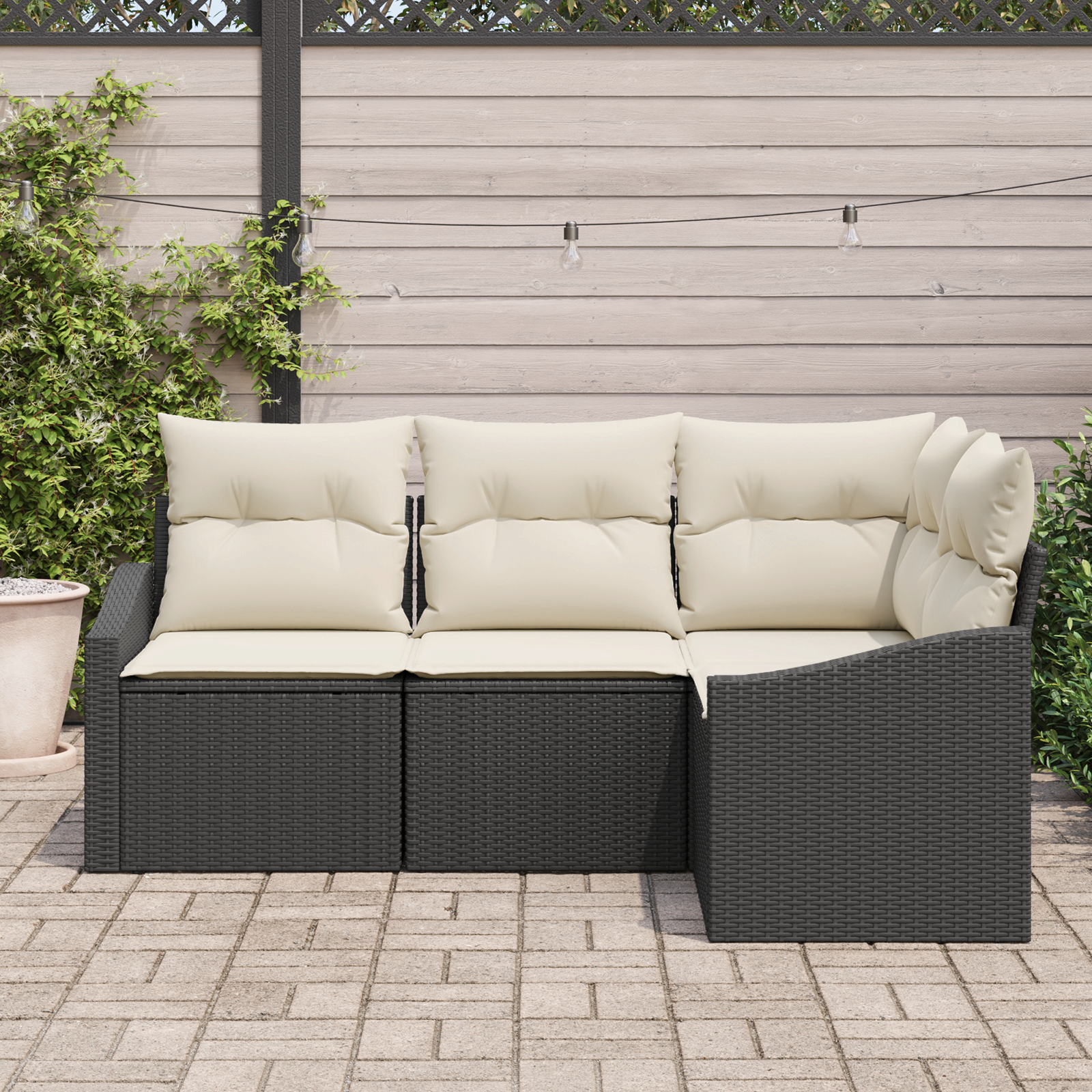 Set Divano da Giardino a 4 Pezzi con Cuscini in Rattan Nero