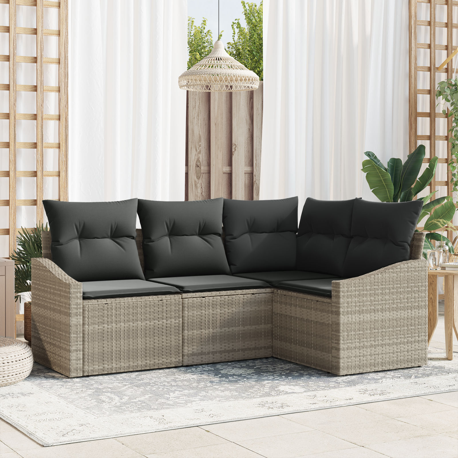 Set Divano da Giardino 4 Pezzi con Cuscini Grigio Chiaro Polyrattan