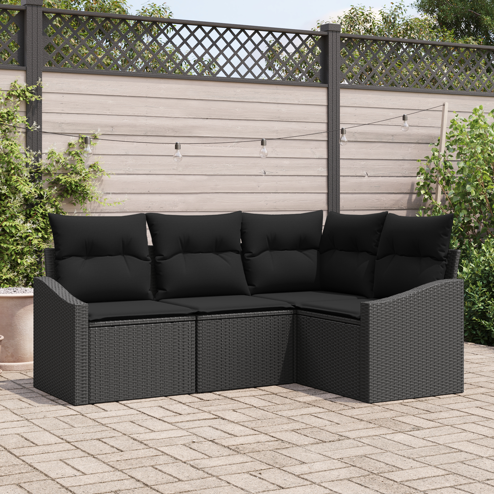 Set da giardino in 4 pezzi con cuscini in Polyrattan nero