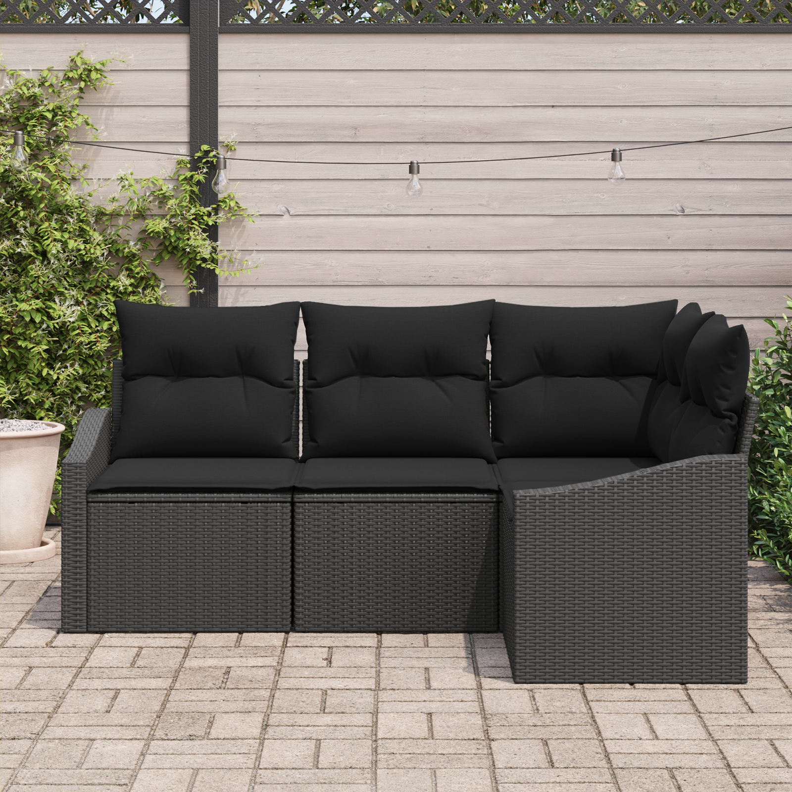 Set da giardino in 4 pezzi con cuscini in Polyrattan nero