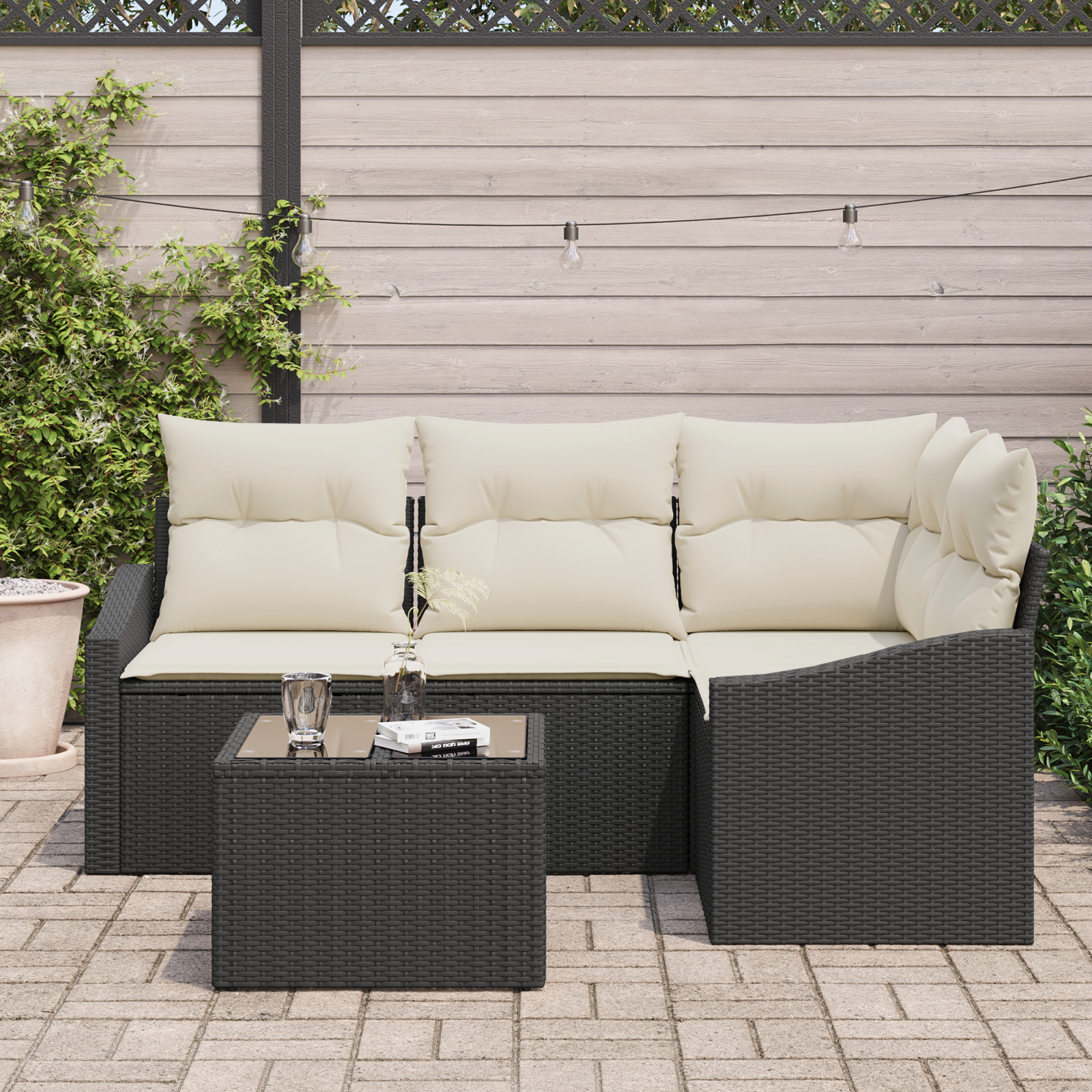 Set di Divani da Giardino da 4 Pezzi con Cuscini Rattan Poliestere Marrone
