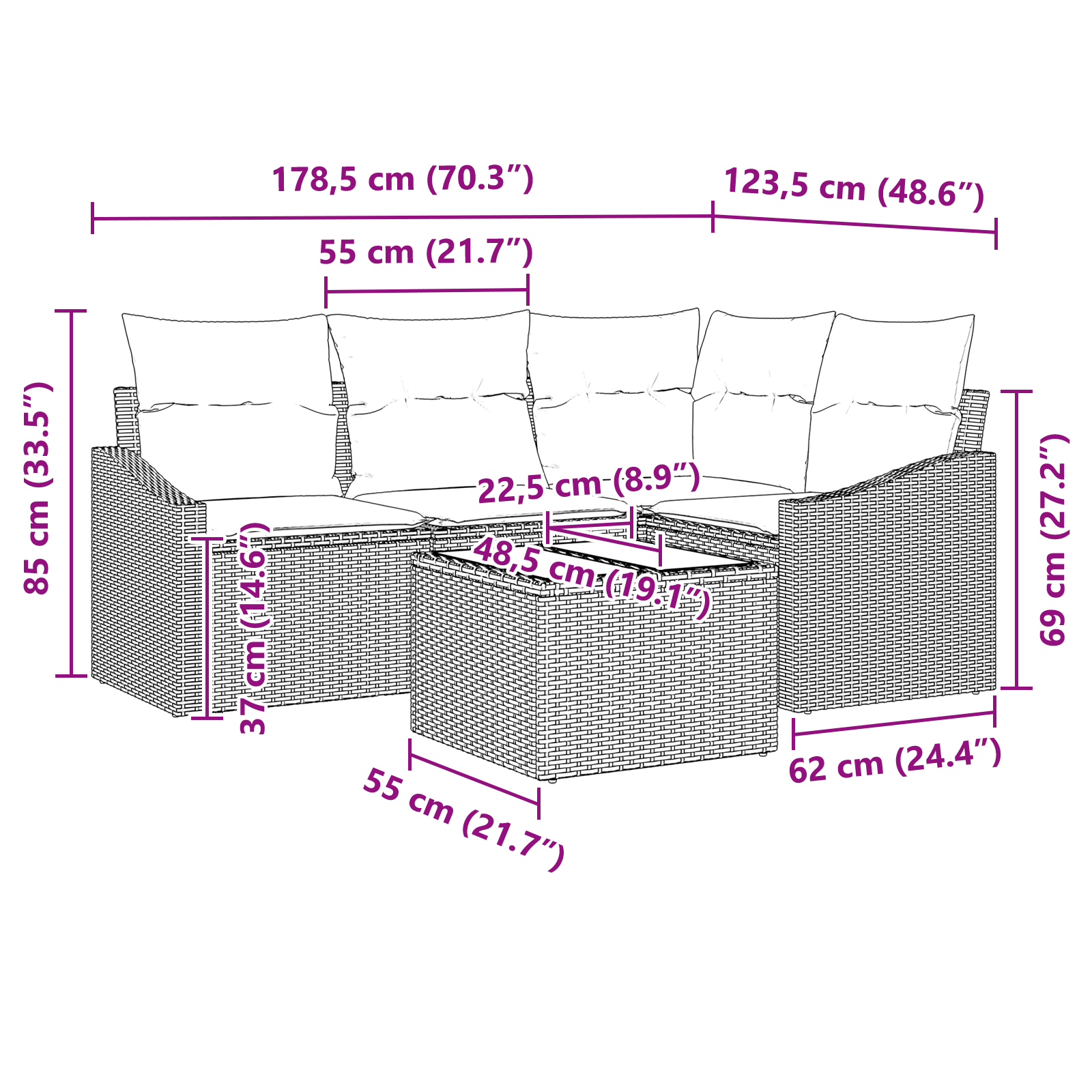 Set Divano da Giardino in 4 Pezzi con Cuscini Grigio Poly Rattan