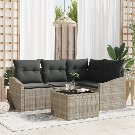 Set Divano da Giardino 5 Pezzi con Cuscini Grigio Rattan Poliestere
