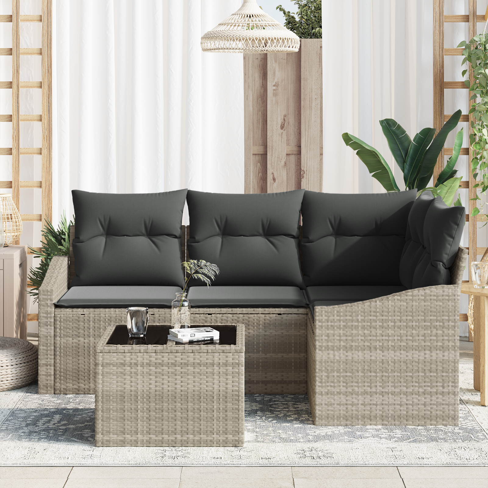 Set Divano da Giardino 5 Pezzi con Cuscini Grigio Rattan Poliestere