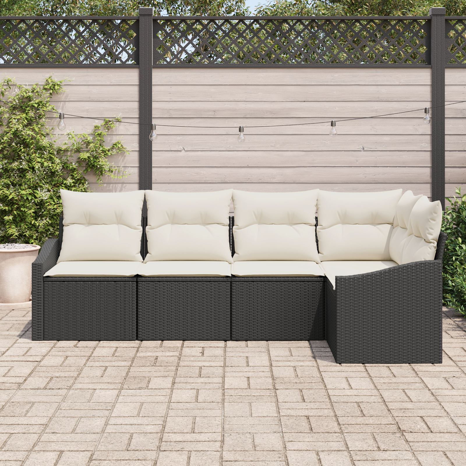 Set divano da giardino da 5 pezzi con cuscini neri in rattan poli