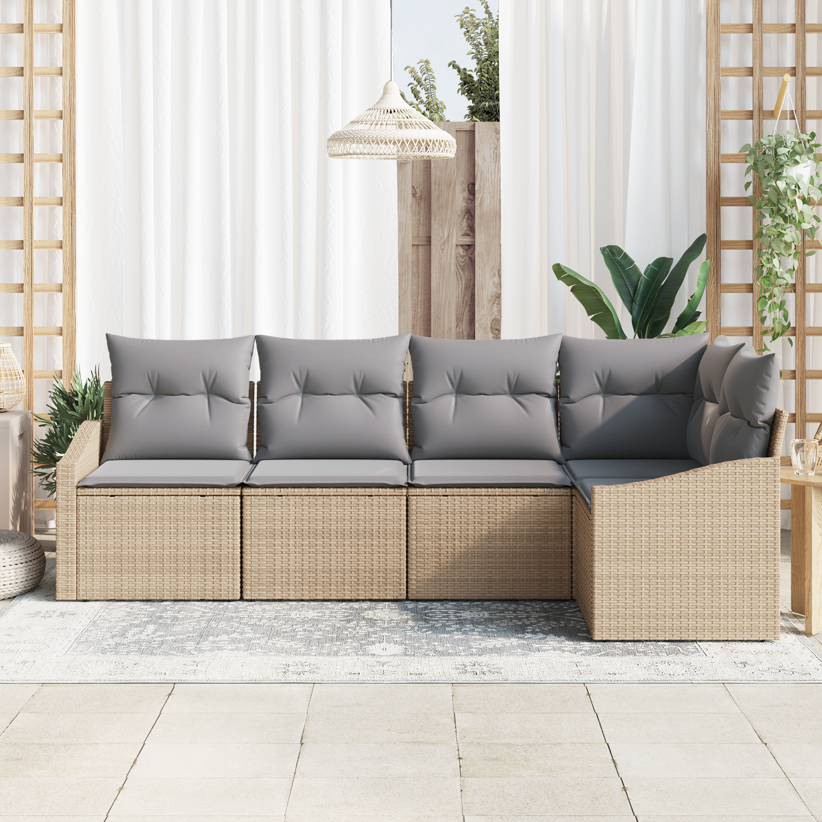 Set di Divano da Giardino da 5 pezzi con Cuscini Beige Polirattan