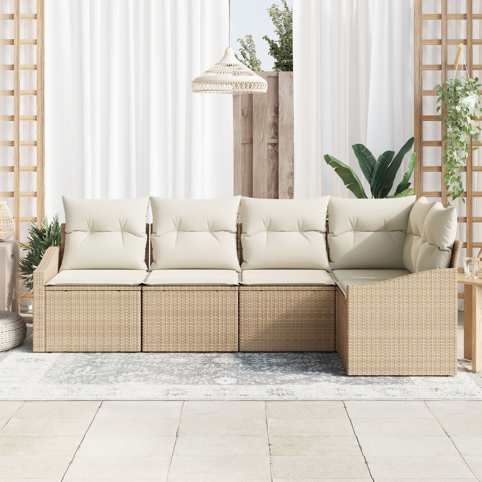 Set Divano da Giardino 5 Pezzi con Cuscini Beige Polyrattan