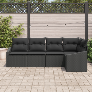 Set Divano da Giardino 5 Pezzi con Cuscini Nero Polirattan