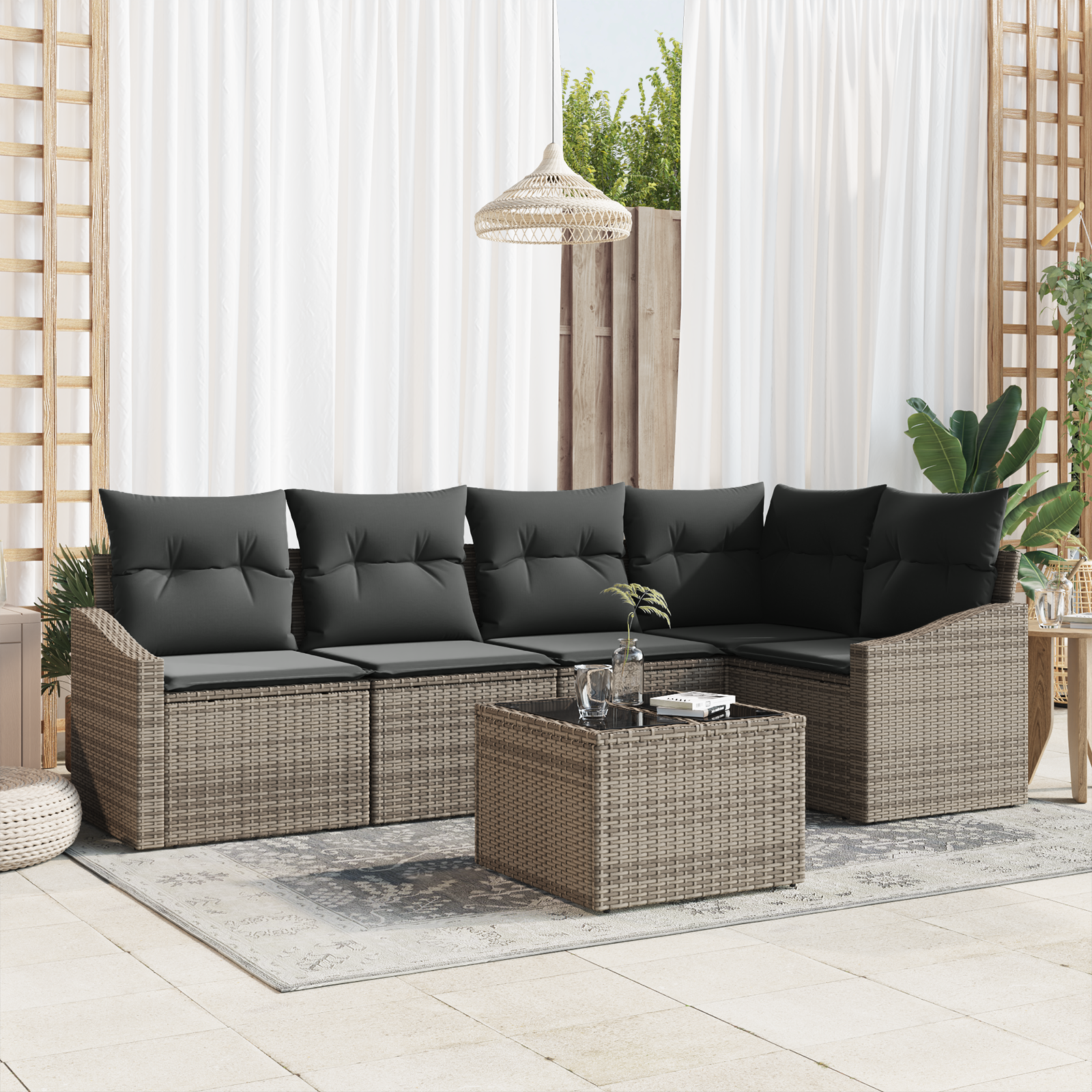 Set Divano da Giardino 5 Pezzi con Cuscini Nero Polyrattan