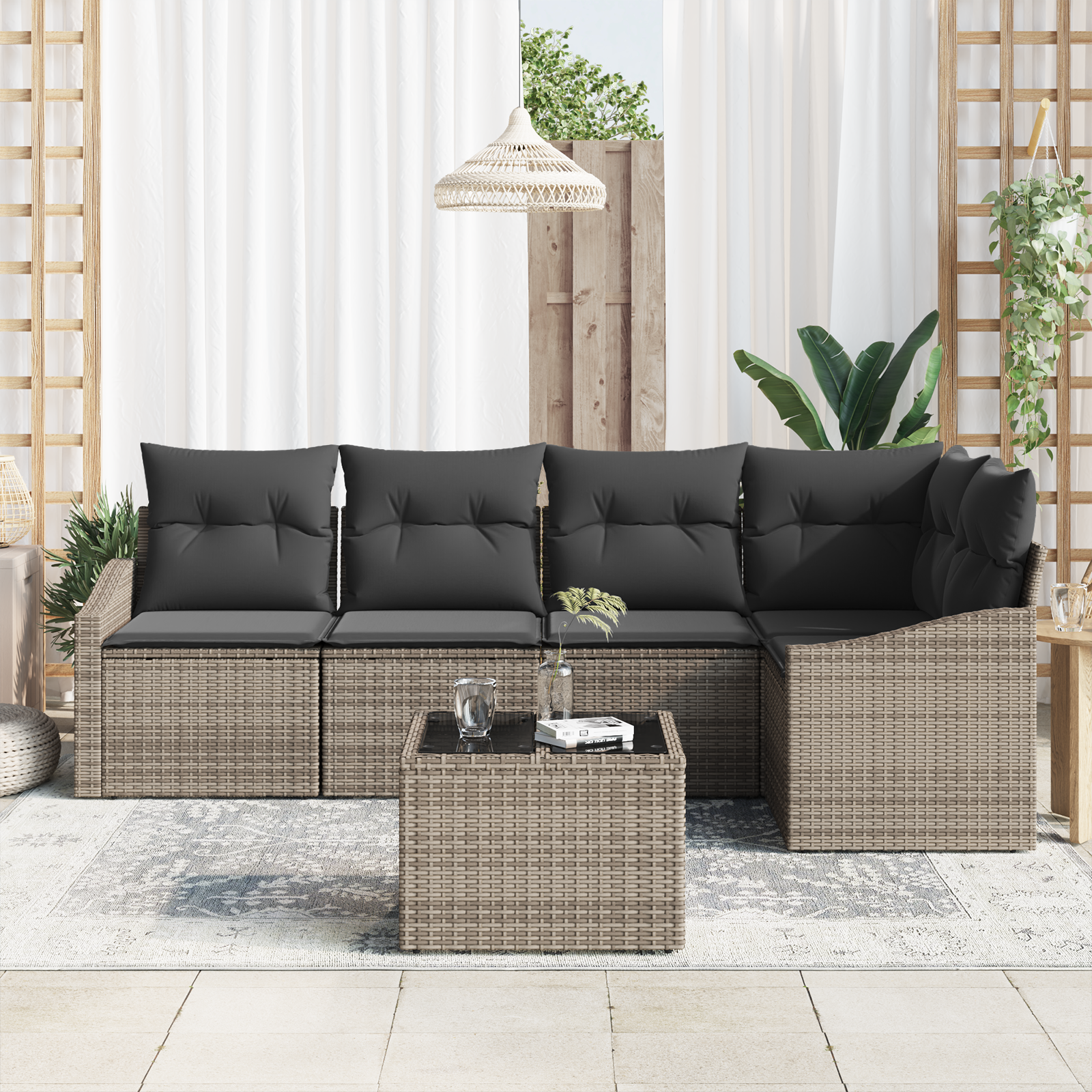 Set Divano da Giardino 5 Pezzi con Cuscini Nero Polyrattan