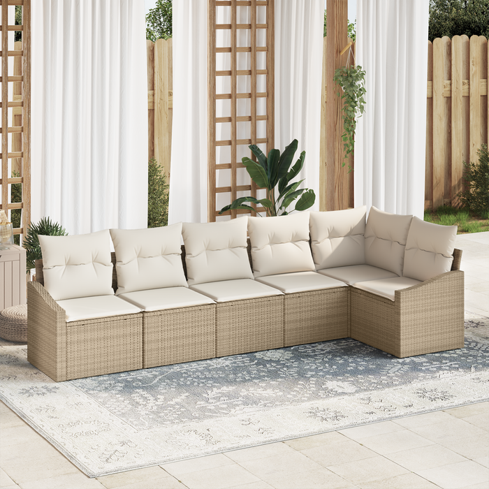 Set Divano da Giardino 6 Pezzi con Cuscini Beige in Polyrattan