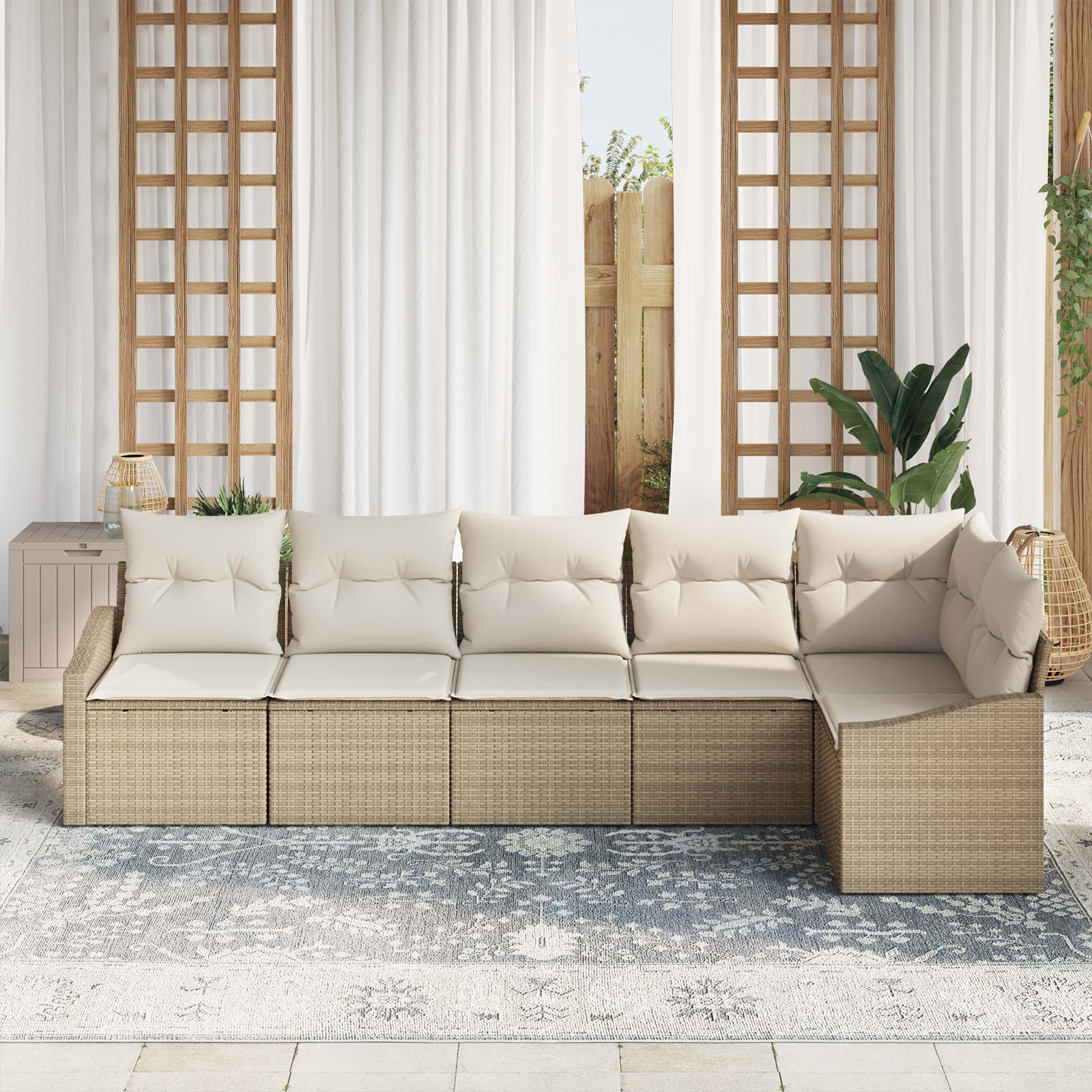 Set Divano da Giardino 6 Pezzi con Cuscini Beige in Polyrattan