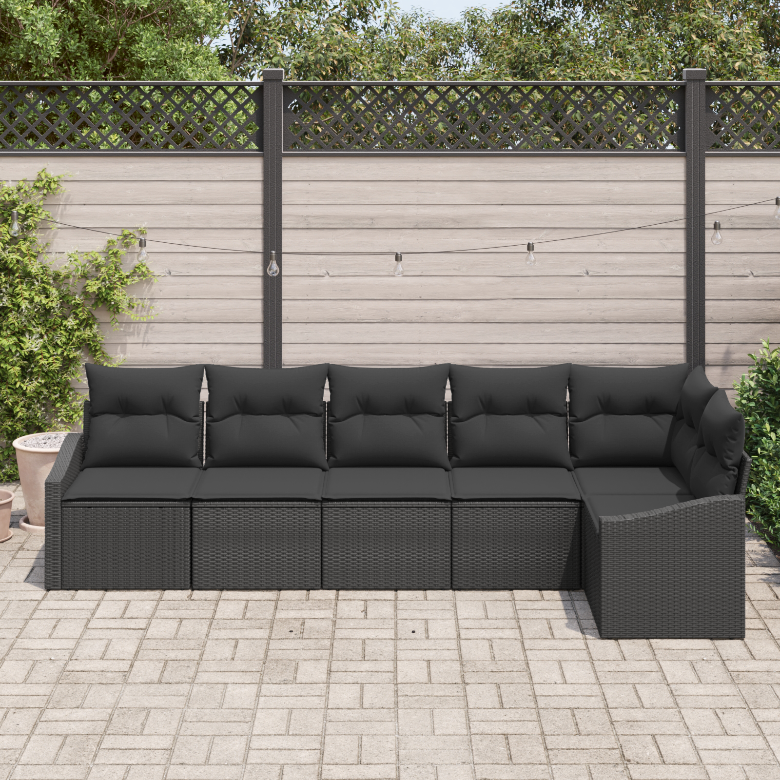 Set di divani da giardino con cuscini neri in rattan poliestere (6 pezzi)
