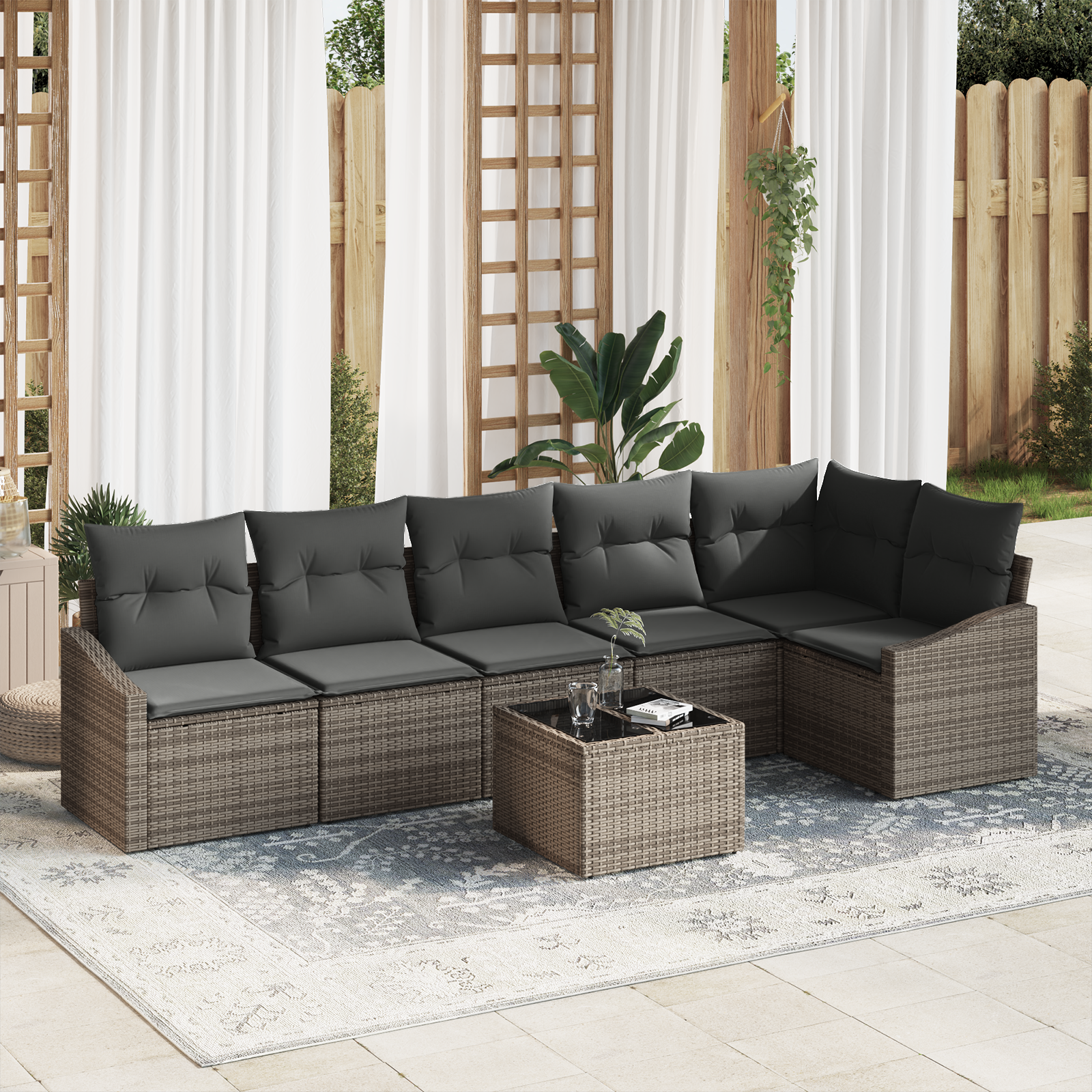 Set Divano da Giardino da 6 Pezzi con Cuscini Rattan Nero