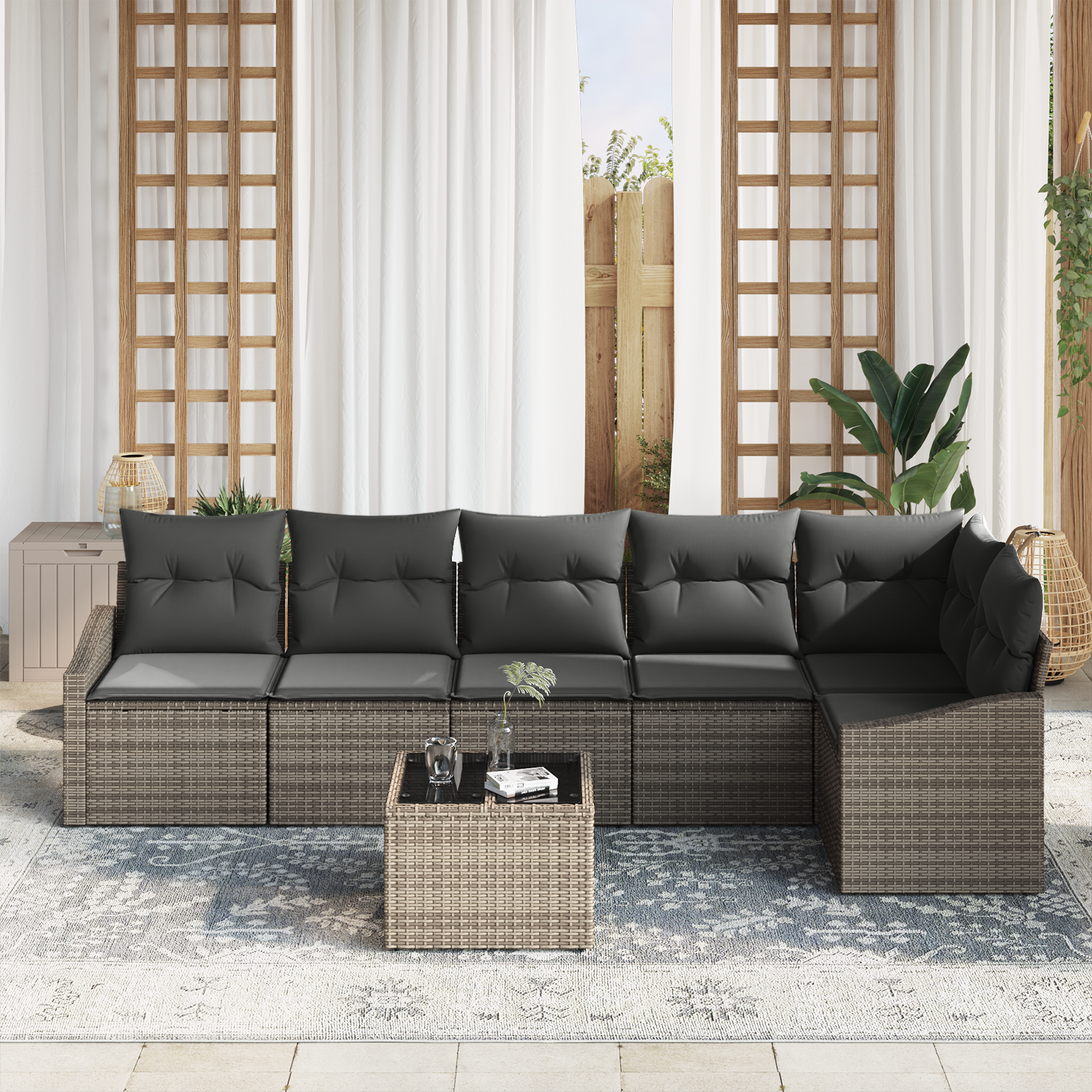 Set Divano da Giardino da 6 Pezzi con Cuscini Rattan Nero