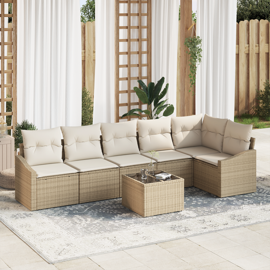 Set Divano da Giardino di 7 Pezzi con Cuscini in Rattan Marrone