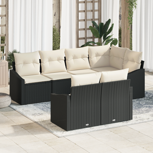 Set divano da giardino da 7 pezzi con cuscini in polyrattan nero