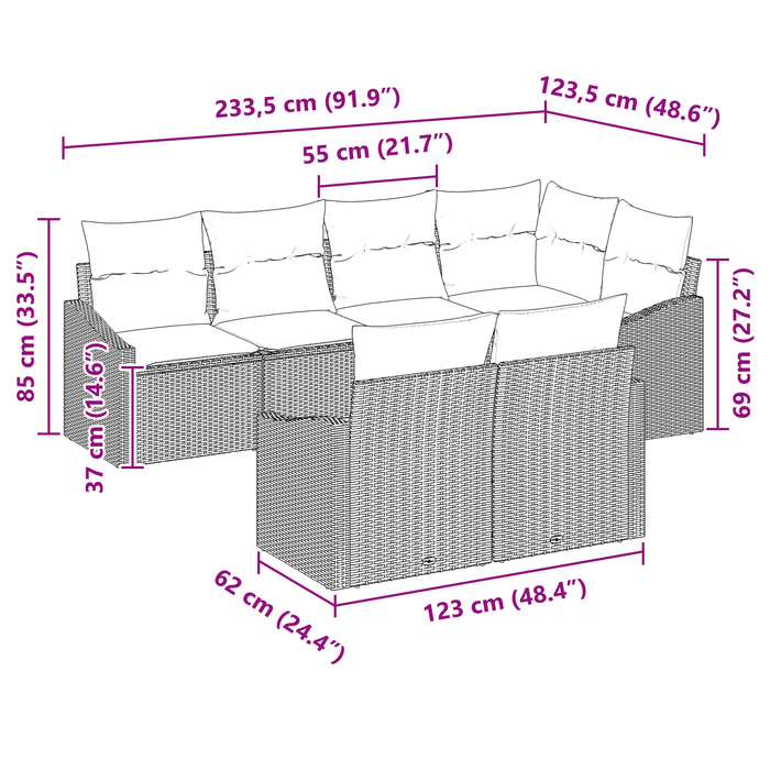 Set divano da giardino in 7 pezzi con cuscini rattan polyrattan marrone