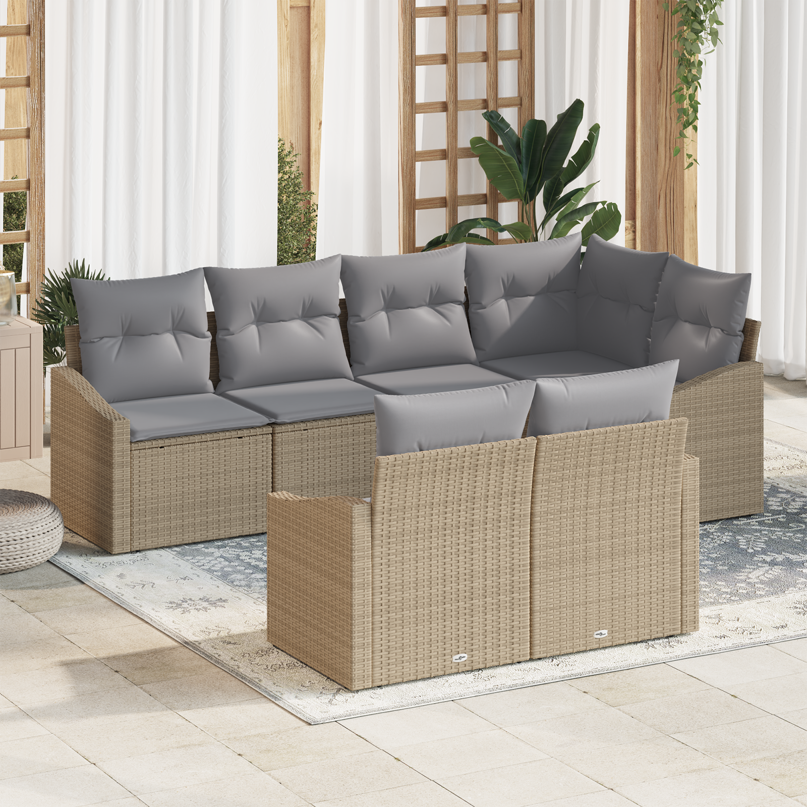 Set di divani da giardino 7 pezzi con cuscini Beige Rattan Poliestere