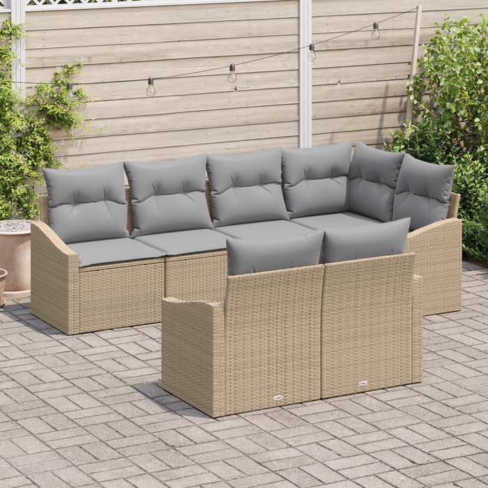 Set di divani da giardino 7 pezzi con cuscini Beige Rattan Poliestere