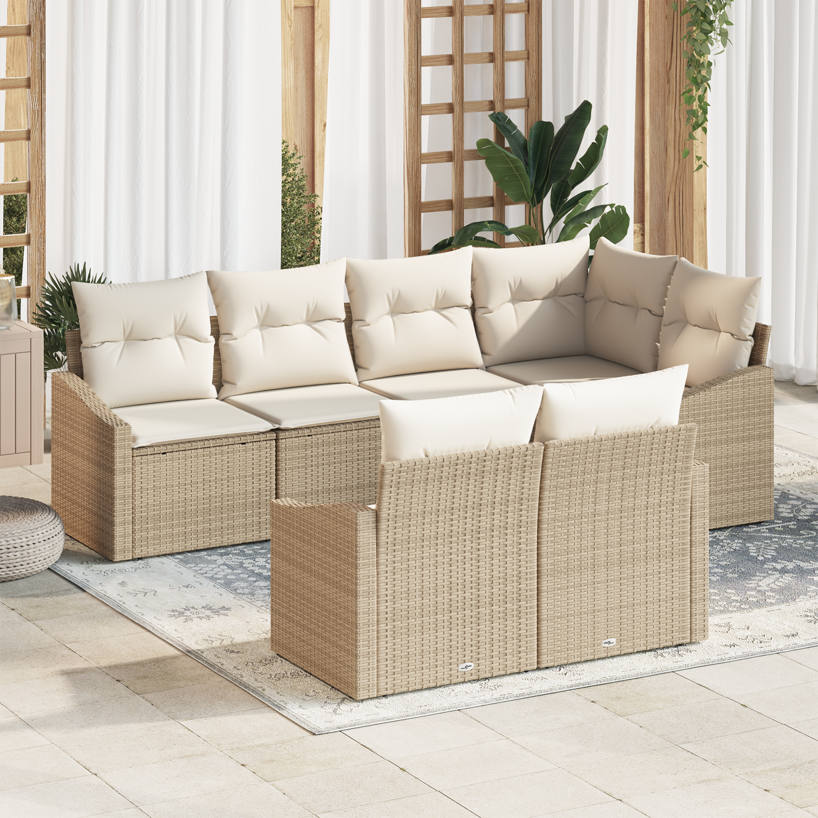 Set di divani da giardino da 7 pezzi con cuscini Beige Polyrattan