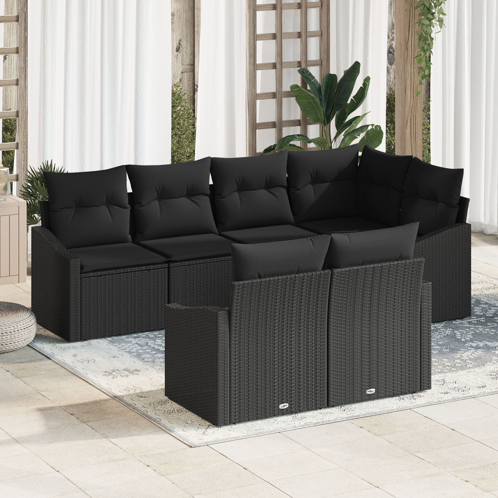 Set di Divani da Giardino a 7 Pezzi con Cuscini Nero Polyrattan