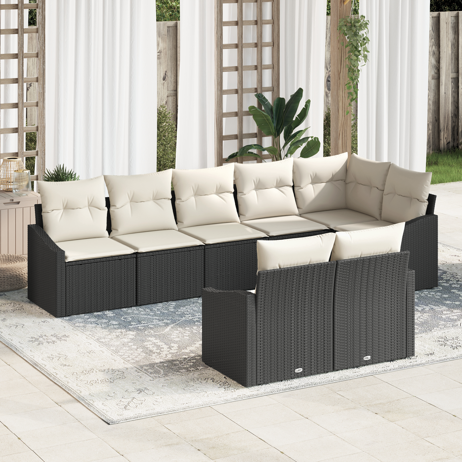 Set di divano da giardino 8 pezzi con cuscini in rattan nero