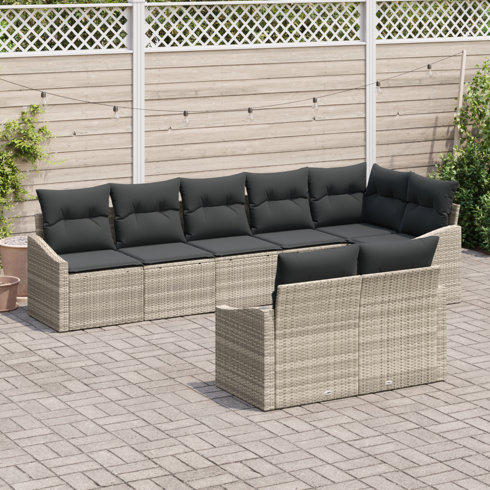 Set di divani da giardino a 8 pezzi con cuscini grigio chiaro in polyrattan