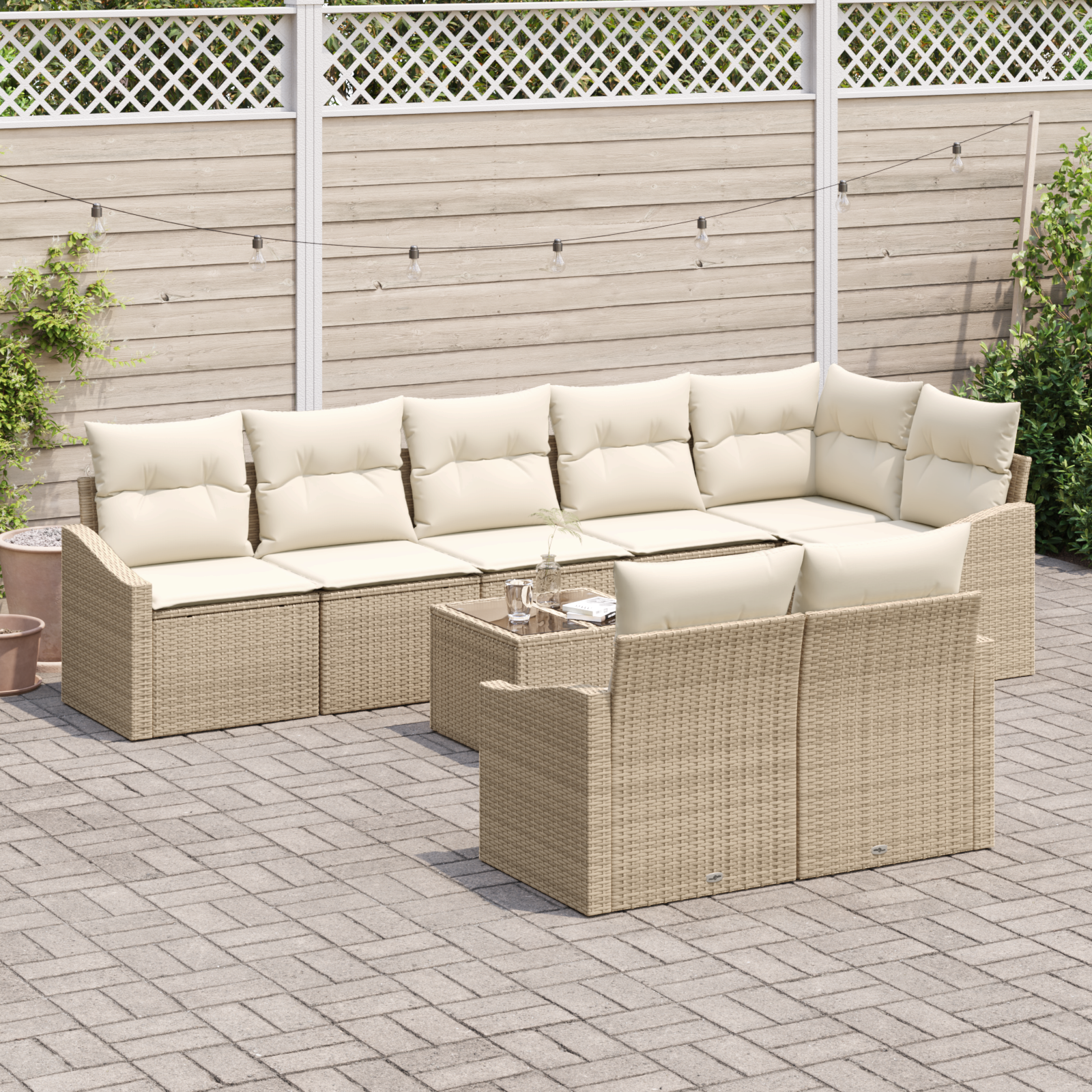 Set di divani da giardino 9 pezzi con cuscini marroni in polyrattan