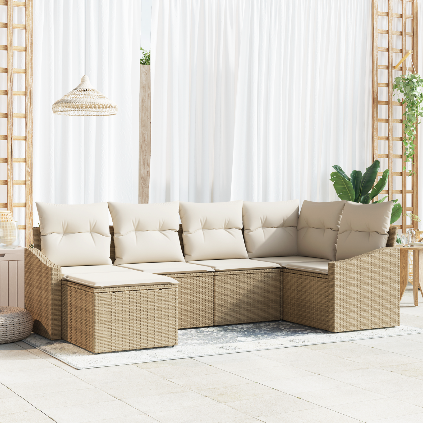 Set Divano da Giardino a 6 Pezzi con Cuscini Beige in Rattan Sintetico