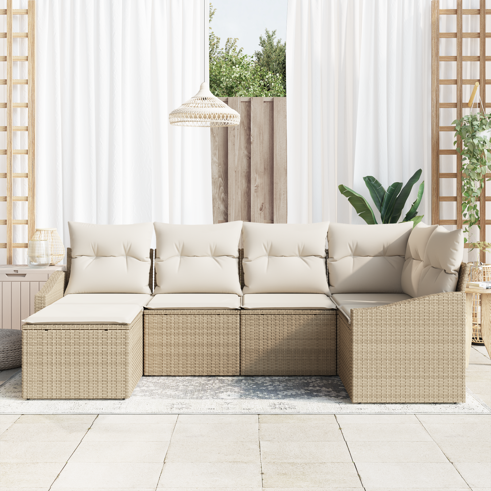 Set Divano da Giardino a 6 Pezzi con Cuscini Beige in Rattan Sintetico