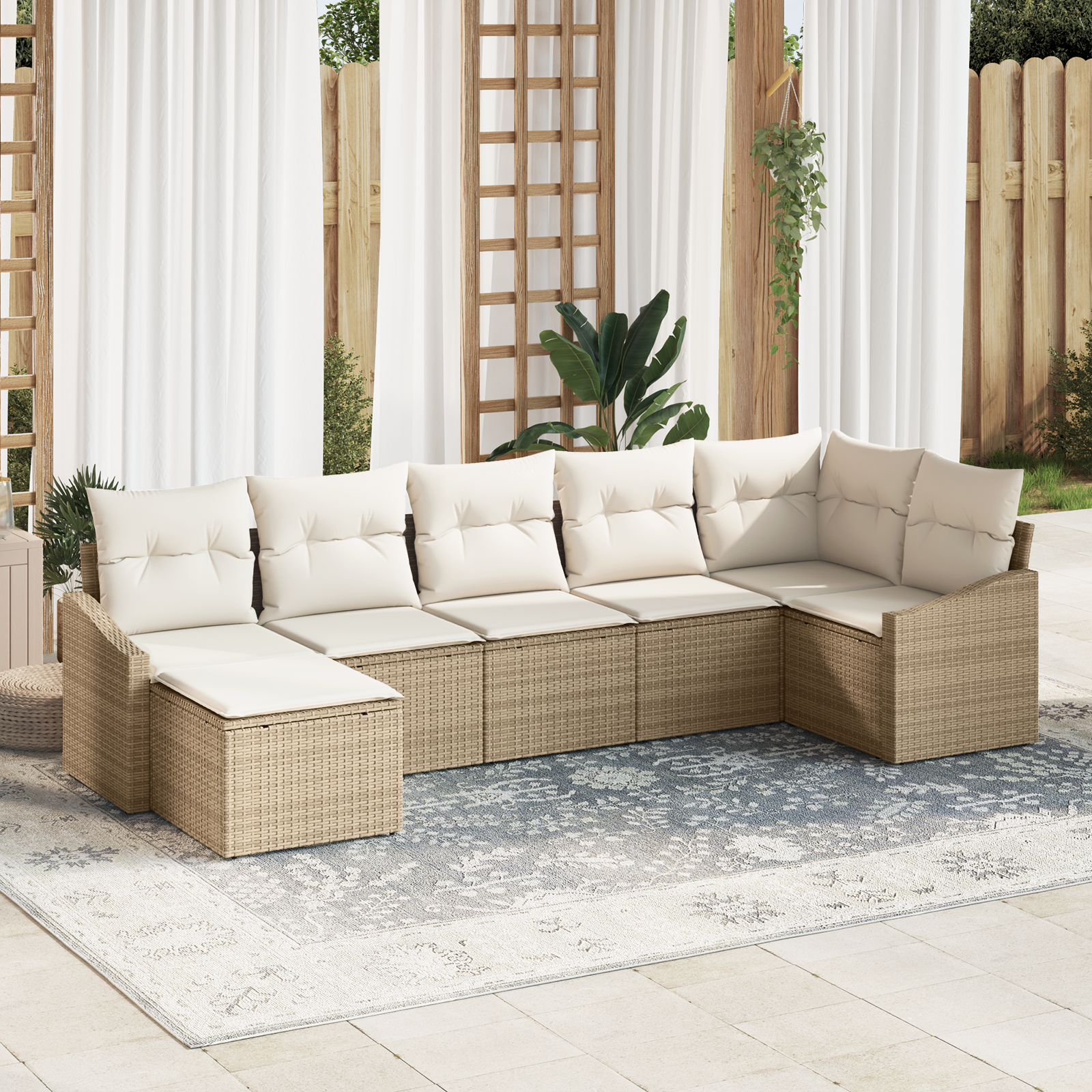 Set Divano da Giardino da 7 Pezzi con Cuscini Beige Polyrattan